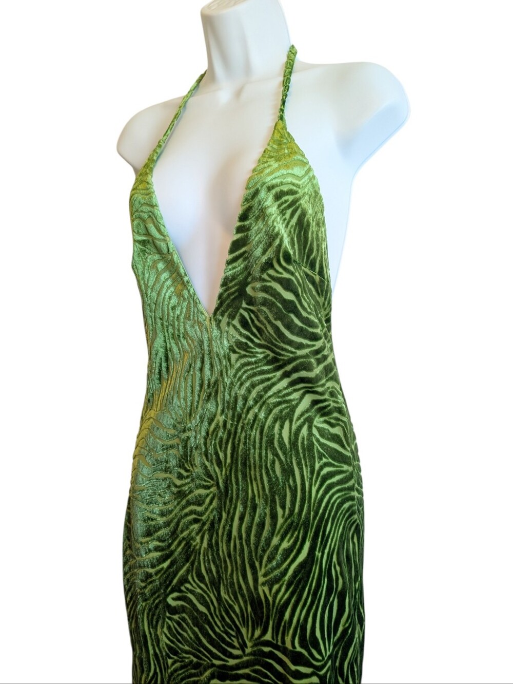 Zara Lime green velvet burnout halter Maxi dress Animal print deep v neck Medium - Picture 4 of 7